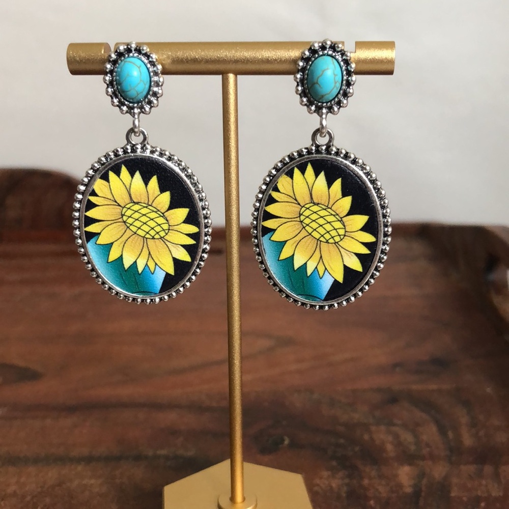 Sunflower Faux Turquoise Dangle Earrings Silver Plated Earring Gift For Her